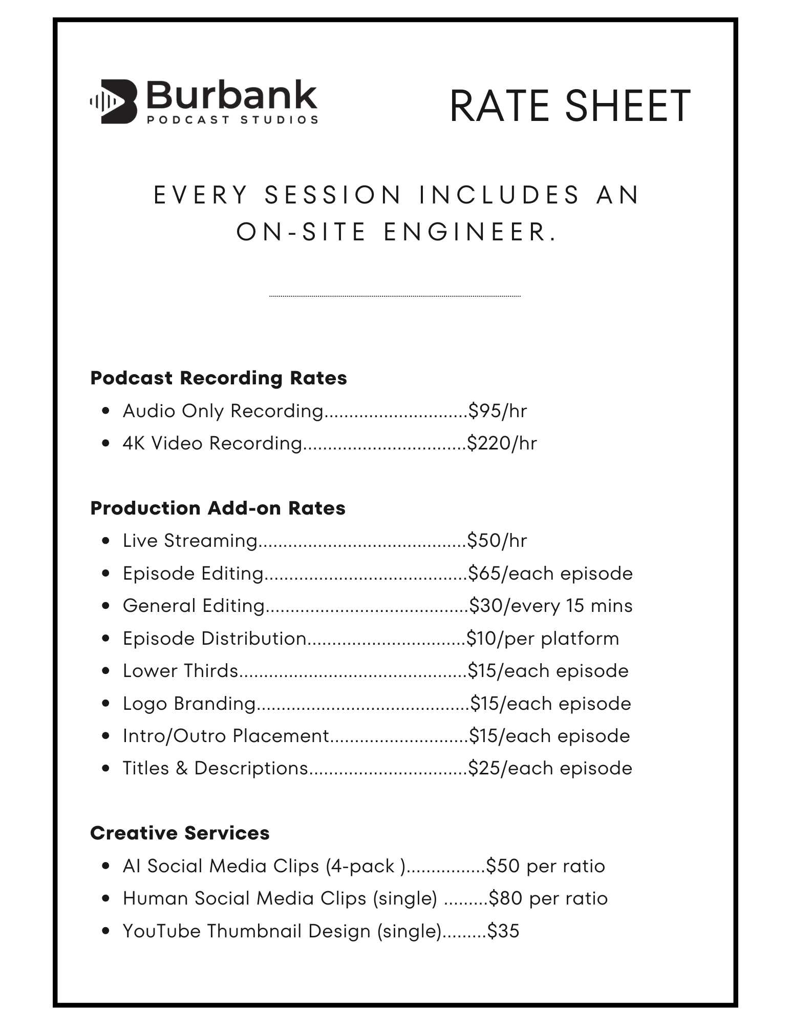 Podcast Studio Rental in Los Angeles Pricing